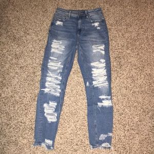 AE distressed hi rise mom jeans
